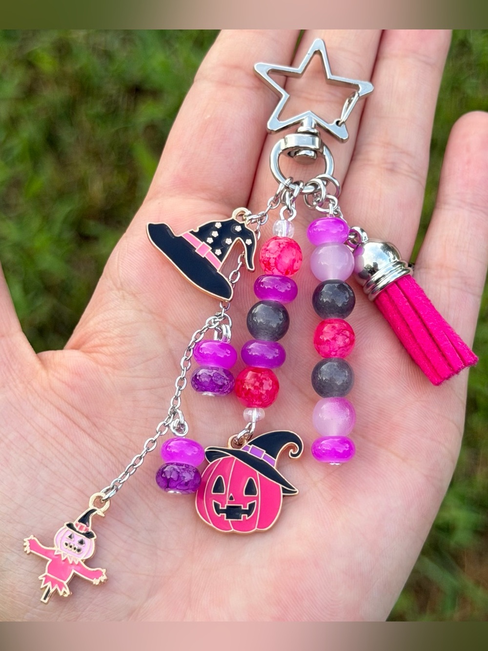 Handmade Pink & Purple Witchy Halloween Keychain | Pumpkin & Scarecrow